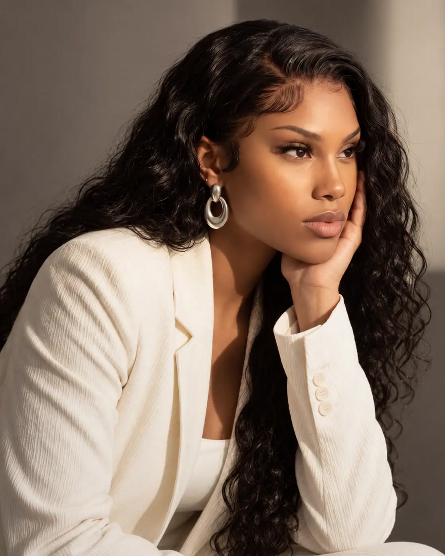 Dabanni, founder of Daba Studio, wearing a cream blazer with long dark curly hair
